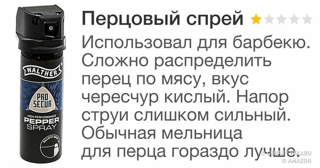 Перцовый спрей Использовал для барбекю Сложно распределить перец по мясу, вкус PRO чересчур кислый. Напор HIGH PERFORMANCE РЕРРЕЙ струи слишком сильный. Обычная мельница для перца гораздо лучше.
