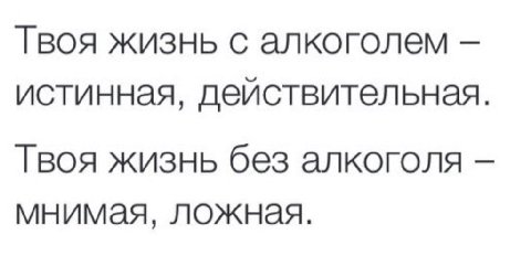 Твоя жизнь с алкоголем истинная, действительная. Твоя жизнь без алкоголя мнимая, ложная.