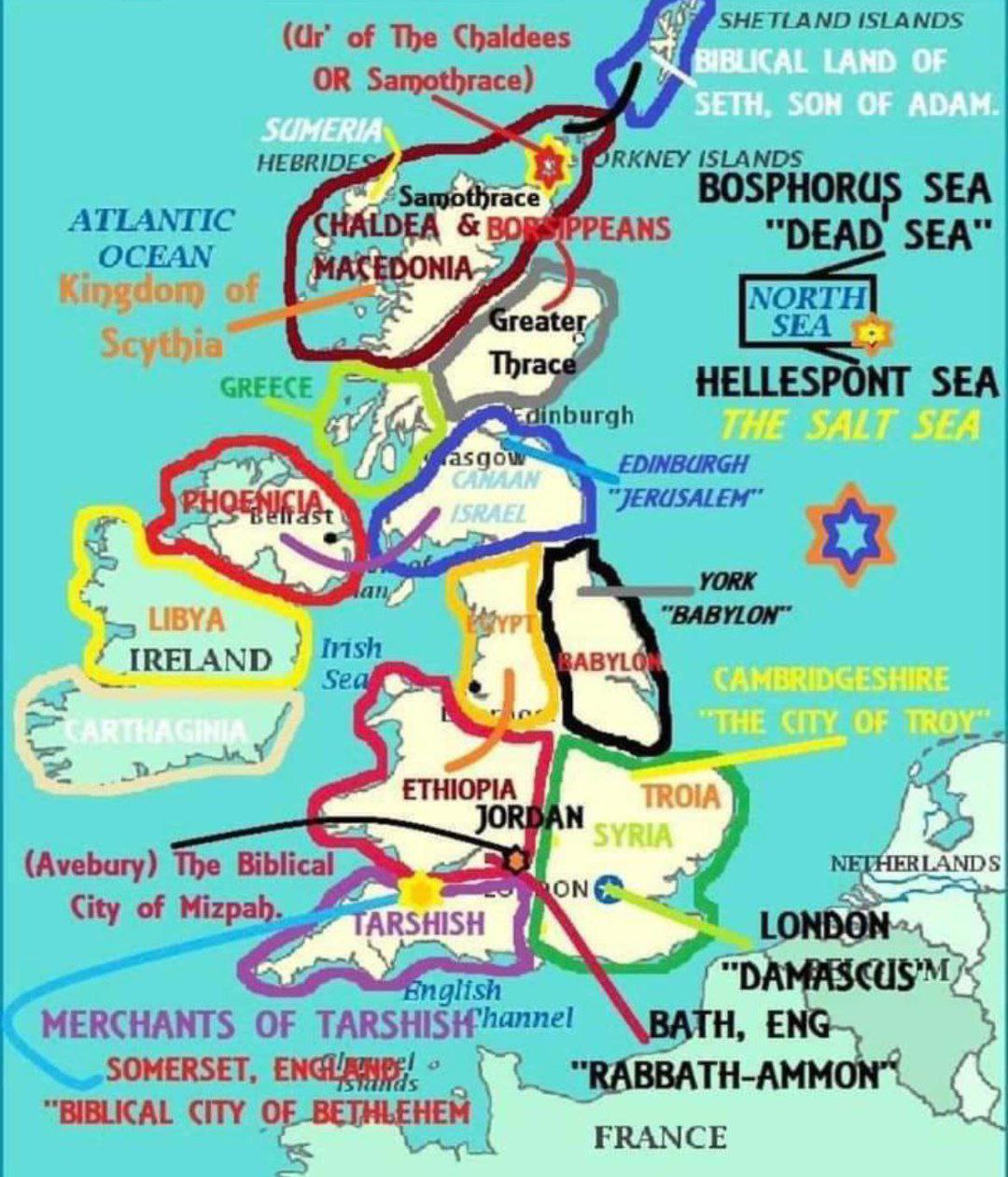 of The Chaldees SHETLAND ISLANDS OR Samothrace) ККМЕУ ISLANDS гасе ATLANTIC EANS BOSPHORUS SEA “DEAD SEA" OCEAN NORTH 7 ater, GREECE Thra HELLESPONT SEA burgh “4 JERUSALEM" HIOPIA is (Avebury) The LAN