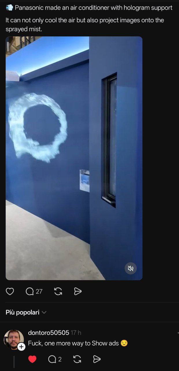 Panasonic made air conditioner with hologram support К can not only cool the air but also project images onto the sprayed mist. о popolari dontoro50505 Fuck, one more way to Show ads