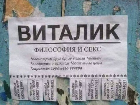 ВИТАЛИК ФИЛОСОФИЯ И СЕКС *посмотрим друг другу *выпьем о важном *доступные цены *гарантия хорошего вечера 1 я 4