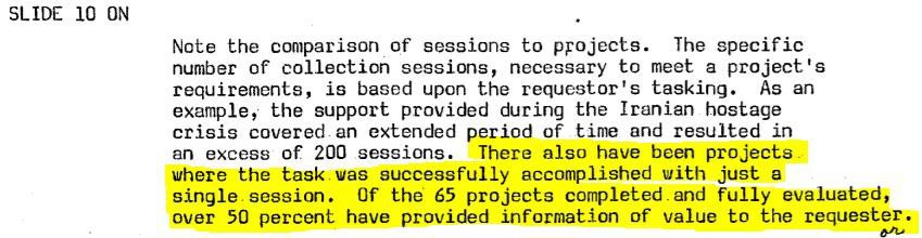 SLIDE 10 ON Note the comparison of sessions to projects. The specific number of collection sessions, necessary to meet a project's requirements, is based upon the requestor's tasking. As an example, t
