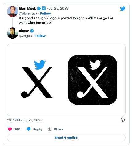 Elon Musk Jul 23, 2023 @elonmusk Follow If a good enough logo is posted tonight, we'll make live worldwide tomorrow _zhgun @zhgun Follow 5 2:07 Jul 23, 2023 160 Reply Share Read 4 replies