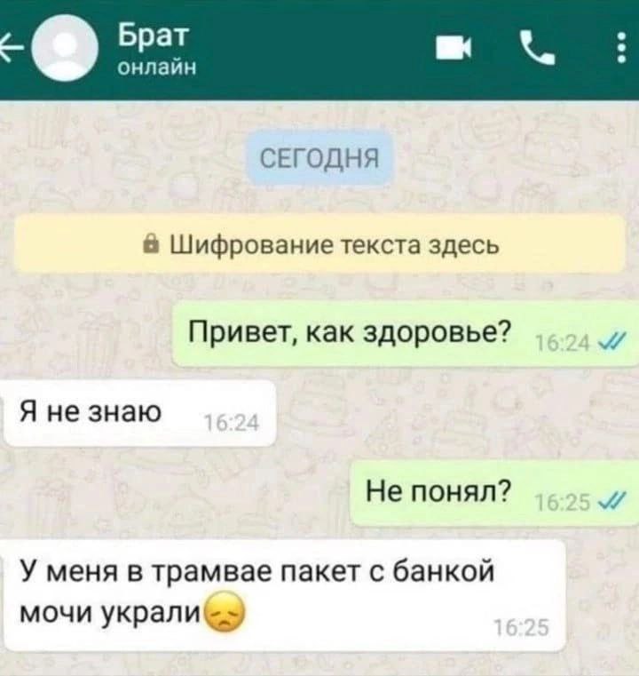 Брат онлайн СЕГОДНЯ Шифрование текста здесь Привет, как здоровье? Я не знаю Не понял? У меня в трамвае пакет с банкой мочи