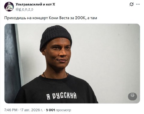 Ультравасилий и кот @gonzo Приходишь на концерт Кони Веста за a Tam я 7:46 17 авг. 2026 5001 просмотр