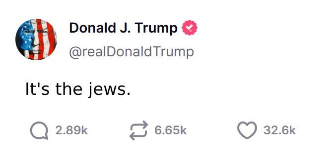 Donald Trump @realDonald Trump It's the jews. 6.65К