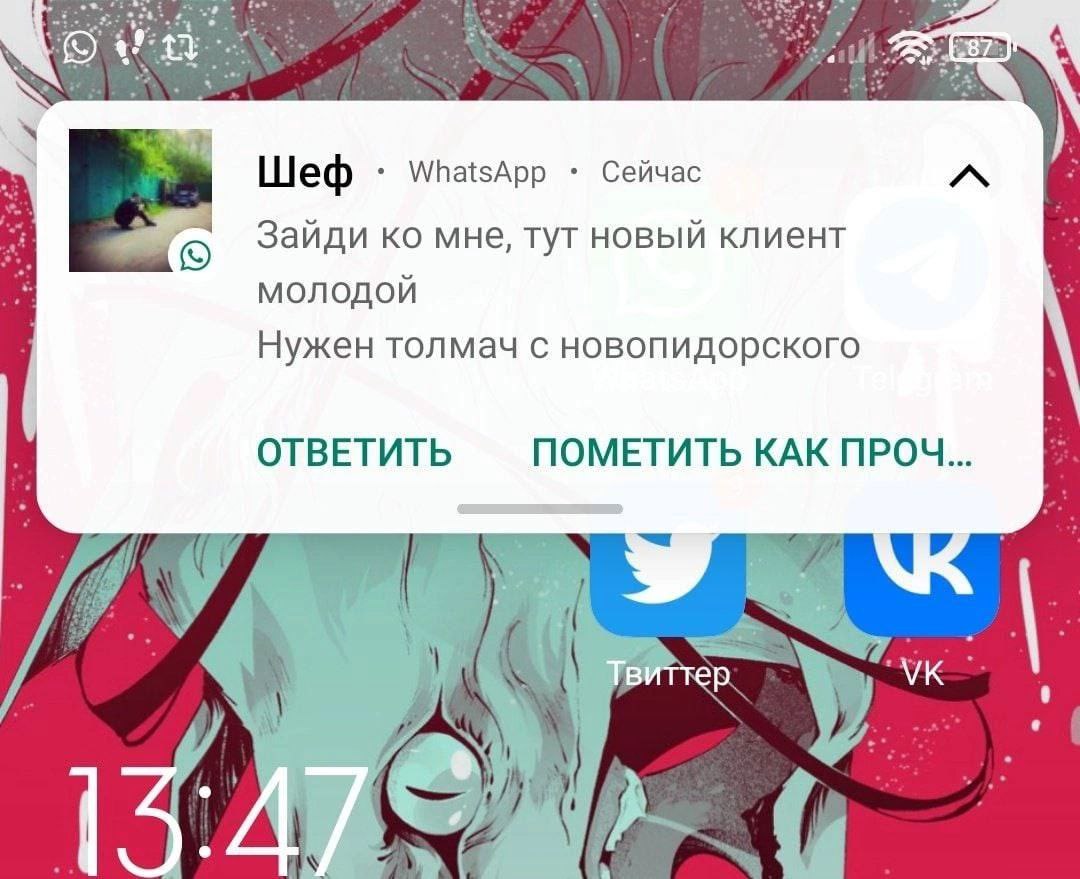 2 Шеф WhatsApp Сейчас Зайди мне, тут новый клиент молодой Нужен толмач с новопидорского ОТВЕТИТЬ ПОМЕТИТЬ КАК ПРОЧ...
