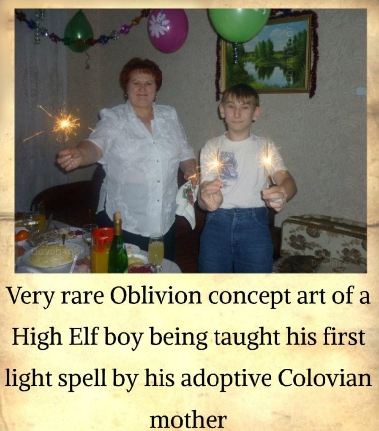 гаге Oblivion concept art of a High Elf boy being taught his first light spell his adoptive Colovian mother