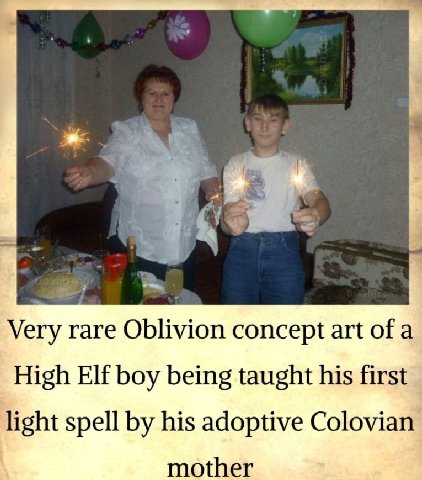 гаге Oblivion concept art of a High Elf boy being taught his first light spell his adoptive Colovian mother