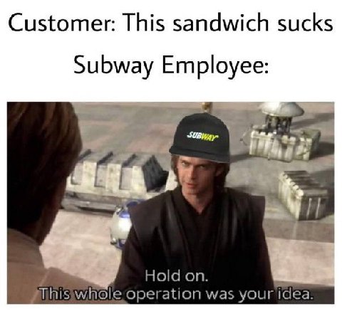 Customer: This sandwich sucks Subway Employee: Hold on. whole operation was your idea