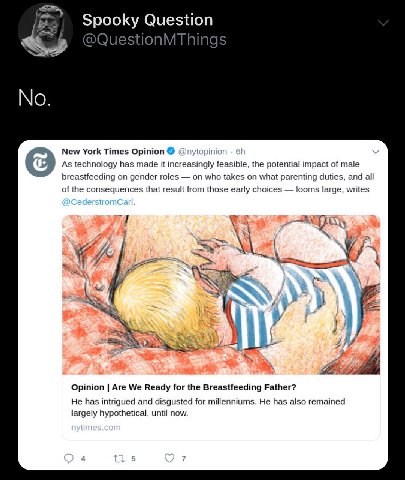 estion spooky ATh И No. New York Times Opinion As technology has made it increasingly feasible, the potential impact of male breastfeeding on gender roles on who takes on what parenting duties, and al