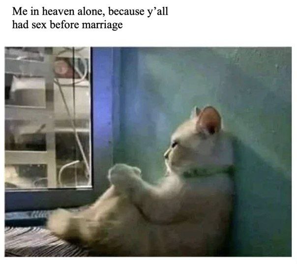 Me in heaven alone, because y’all had sex before marriage