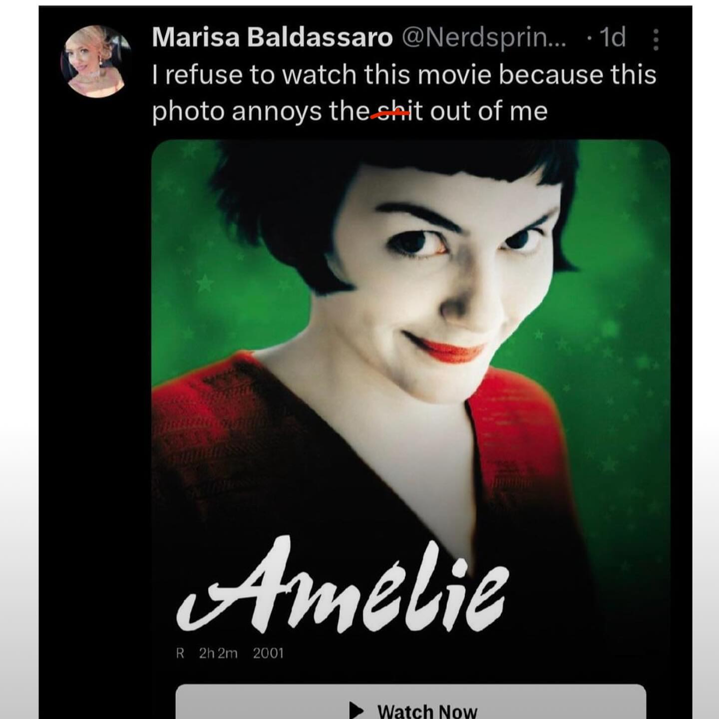 Marisa Baldassaro @Nerdsprin... refuse to watch this movie because this photo annoys the-shit out of me В 2001