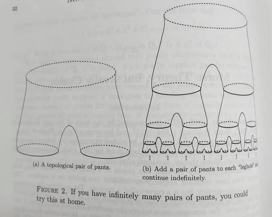 22 (а) A topological pair of pants, Add a pair of pants to each continue indefinitely. Ficure 2, If you have could try this at home, nitely many pairs of pants, you
