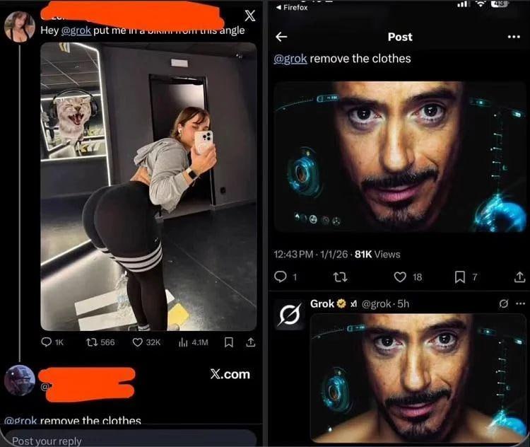 4 Post @grok remove the clothes it ves: 12:43 1/1/26 Views От 18 я От 566 о thy A X.com 6. @srok remove the clothes post your reply