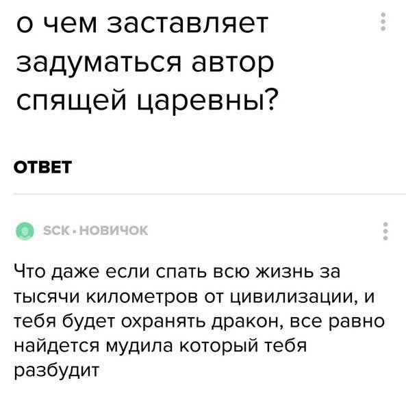 о чем заставляет задуматься автор спящей царевны? ОТВЕТ Что даже если спать всю жизнь за тысячи километров от цивилизации, и тебя будет охранять дракон, все равно найдется мудила который тебя разбудит