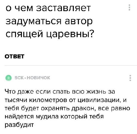 о чем заставляет задуматься автор спящей царевны? ОТВЕТ Что даже если спать всю жизнь за тысячи километров от цивилизации, и тебя будет охранять дракон, все равно найдется мудила который тебя разбудит
