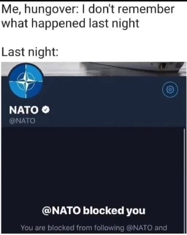 Me, hungover: don't remember what happened last night Last night: 7 МАТО @NATO blocked you