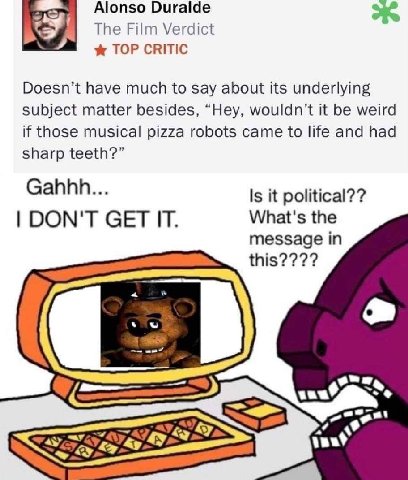 The Film Verdict TOP CRITIC Doesn’t have much to say about its underlying subject matter besides, “Hey, wouldn’t it be weird if those musical pizza robots came to life and had sharp teeth?” Is it poli