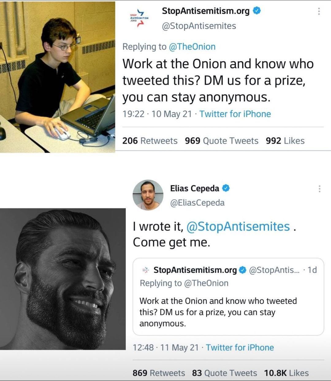 StopAntisemitism.org Replying to @TheOnion Work at the Onion and know who tweeted this? for a prize, you can stay anonymous. 19:22 10 May 21 Twitter for iPhone 2 206 Retweets 969 Quote Tweets 992 Like