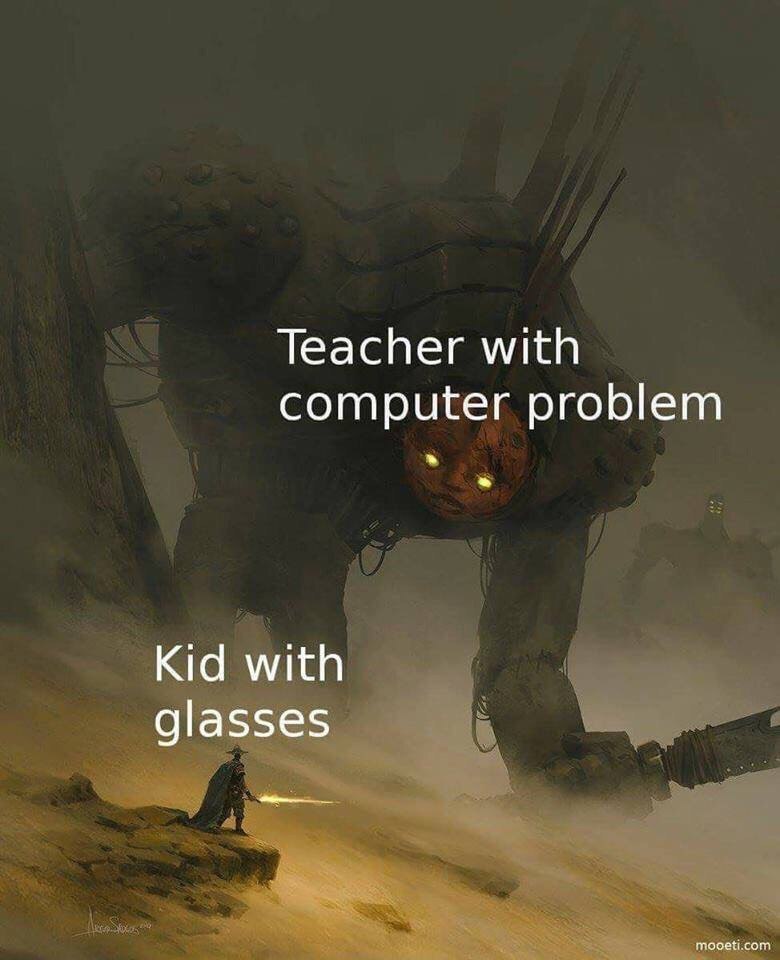 Teacher with computer problem Kid with glasses