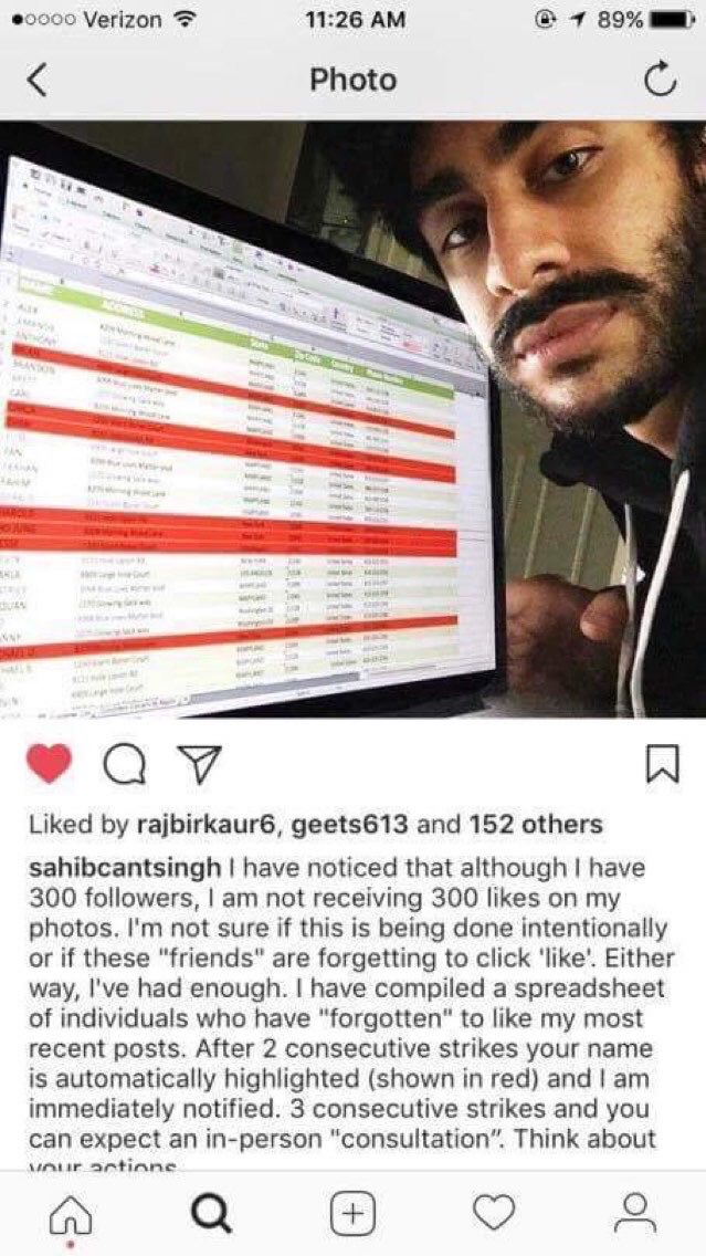 Verizon 11:26 7 89% Photo С, Я Liked rajbirkaur6, geets613 and 152 others sahibcantsingh have noticed that although have 300 followers, not receiving 300 likes on my photos. not sure if this is being 