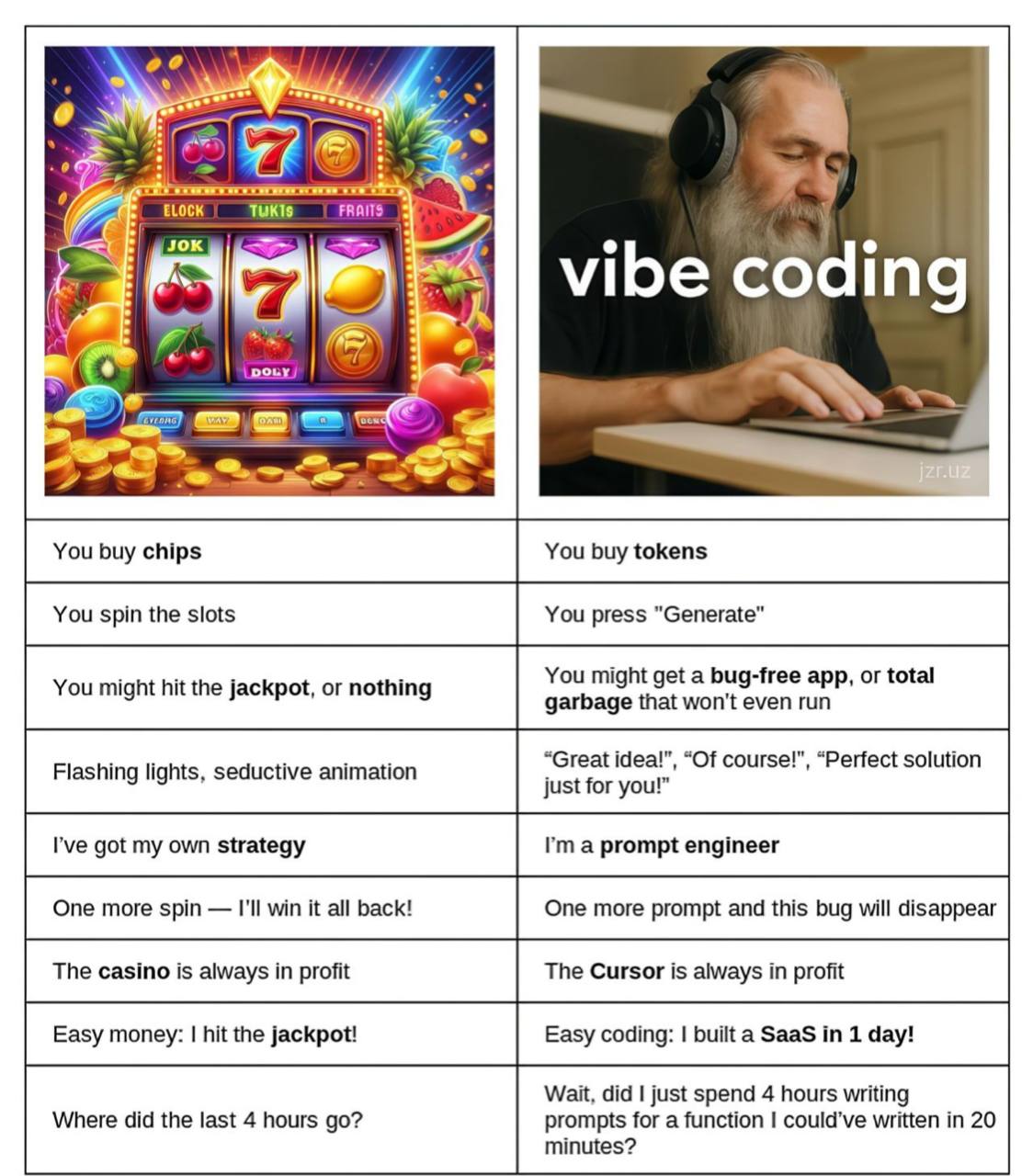 LOCK wes) vibe coding <4 You buy chips You buy tokens You spin the slots You press "Generate" You might get a bug-free app, or total You might hit the jackpot, or nothing garbage that won't even run “