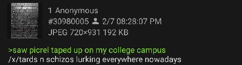<A as 1 Anonymous #30980005 5 2/7 08:28:07 of Pome JPEG 192 wet >зам/ picre taped up my college campus /x/tards schizos lurking everywhere nowadays
