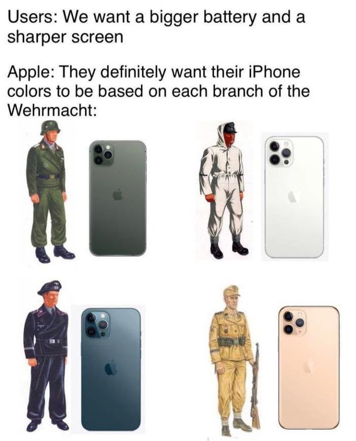 Users: We мат a bigger battery anda sharper screen Apple: They definitely want their iPhone colors to be based on each branch of the Wehrmacht: 2% с A,