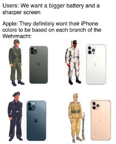 Users: We мат a bigger battery anda sharper screen Apple: They definitely want their iPhone colors to be based on each branch of the Wehrmacht: 2% с A,
