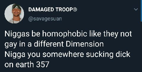 DAMAGED TROOP® @savagesuan Niggas be homophobic like they not gay in a different Dimension Nigga you somewhere sucking dick on earth 357