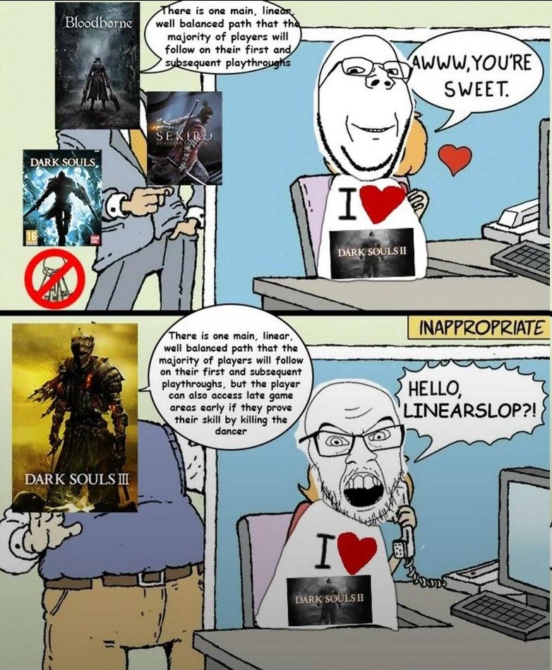 ere is one main, lined well balanced path that the majority of players will follow on their first а playthro 5 AWWW, YOU'RE a SWEET. SEK K.SOULS A BARK SOULS и There is one тат, linear, well balanced 