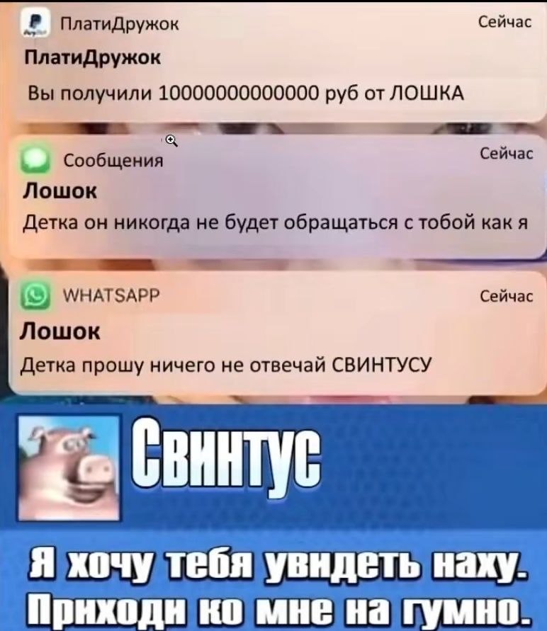 Сейчас ПлатиДружок ПлатиДружок Вы получили 10000000000000 руб от ЛОШКА Сообщения Сейчас Лошок Детка он никогда не будет обращаться с тобой как я Сейчас WHATSAPP Лошок Детка прошу ничего не отвечай СВИ