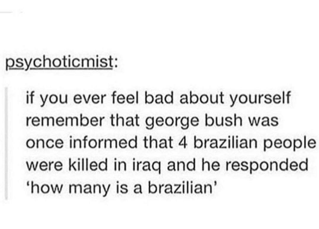 psychoticmist: if you ever feel bad about yourself remember that george bush was once informed that 4 brazilian people were killed in iraq and he responded ‘how many is a brazilian’