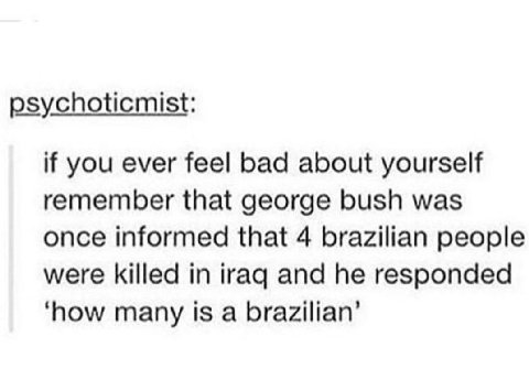 psychoticmist: if you ever feel bad about yourself remember that george bush was once informed that 4 brazilian people were killed in iraq and he responded ‘how many is a brazilian’