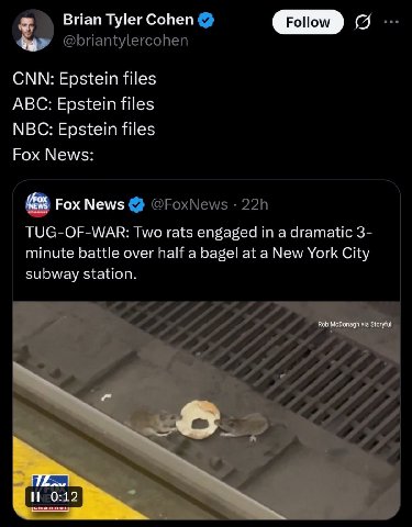 Brian Tyler Cohen о CNN: Epstein files ABC: Epstein files NBC: Epstein files Fox News: Fox News TUG-OF-WAR: Two rats engaged in a dramatic 3- minute battle over half a bagel at a New York City subway 