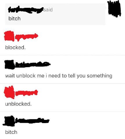 bitch blocked. wait unblock me i need to tell you something unblocked. bitch