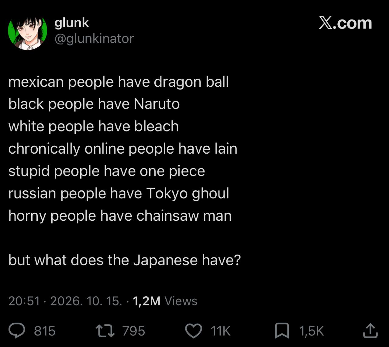 Х.сот glunk mexican people have dragon ball black people have Naruto white people have bleach chronically online people have lain stupid people have one piece russian people have Tokyo ghoul horny peo