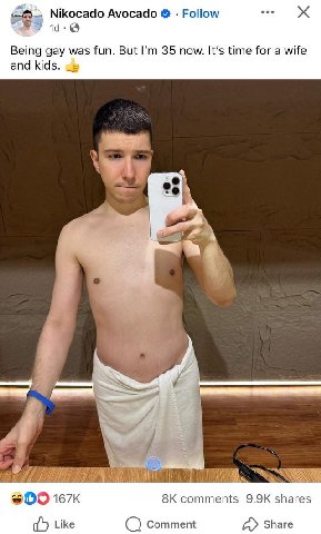Nikocado Avocado Follow Being gay was fun. But 35 now. It’s time for a wife and kids. В ЭОО comments shares Like Comment Share