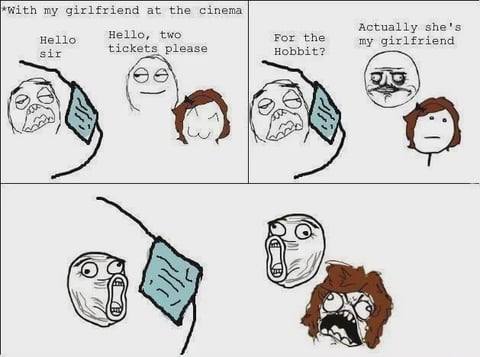 *With my girlfriend at the cinema Actually she's Hello Hello, two For the tickets please Hobbit? my girlfriend sir A, С А WAN 7