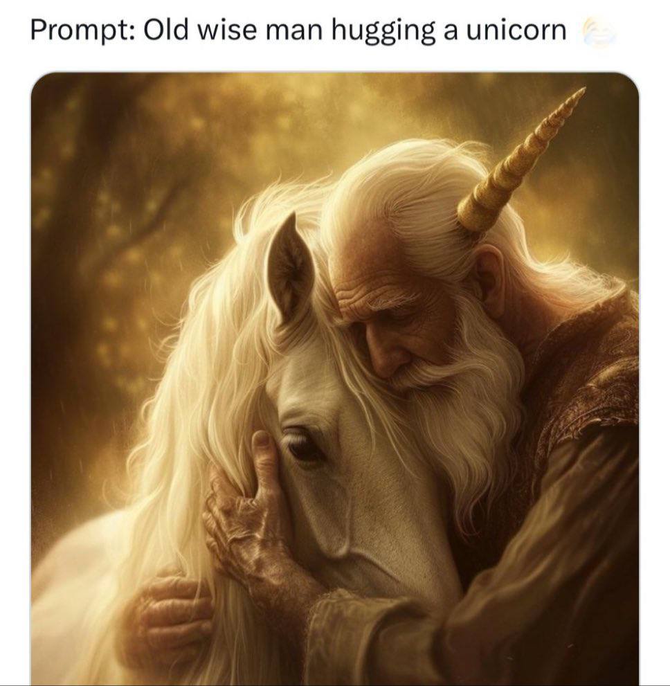 Prompt: Old wise man hugging a unicorn a