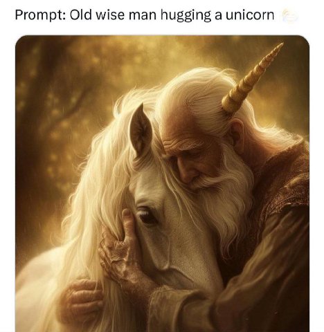 Prompt: Old wise man hugging a unicorn a