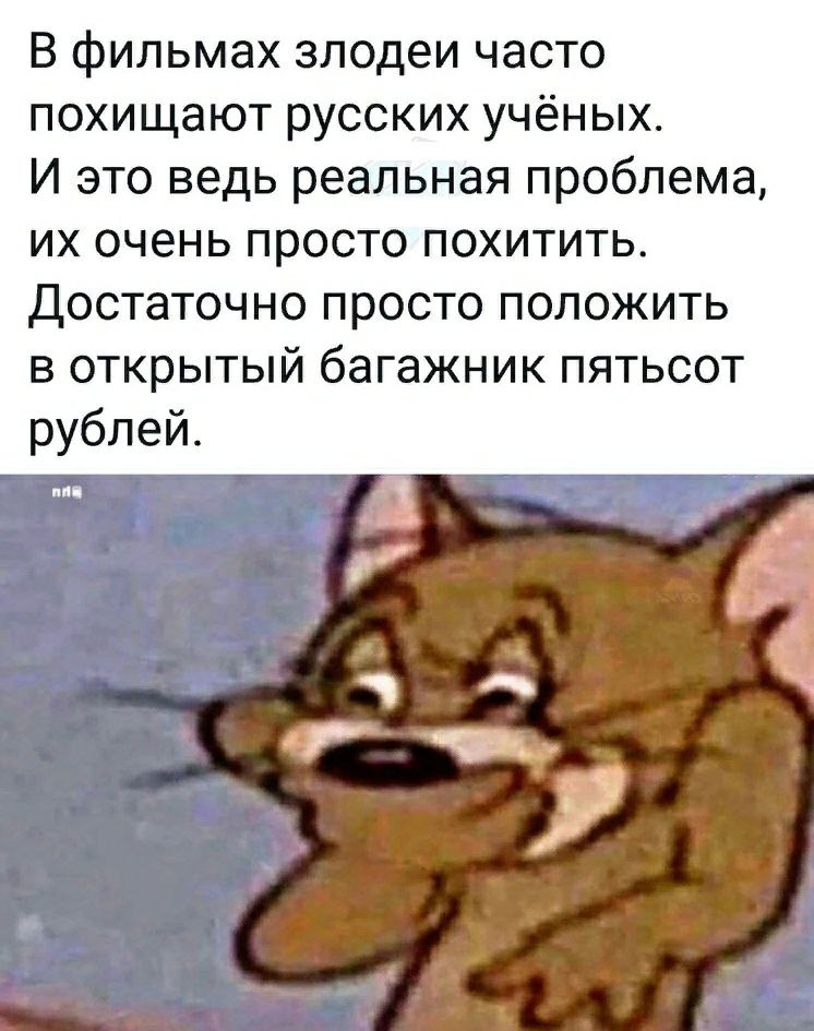В фильмах злодеи часто похищают русских учёных. И это ведь реальная проблема, очень просто похитить. Достаточно просто положить в открытый багажник пятьсот рублей. a
