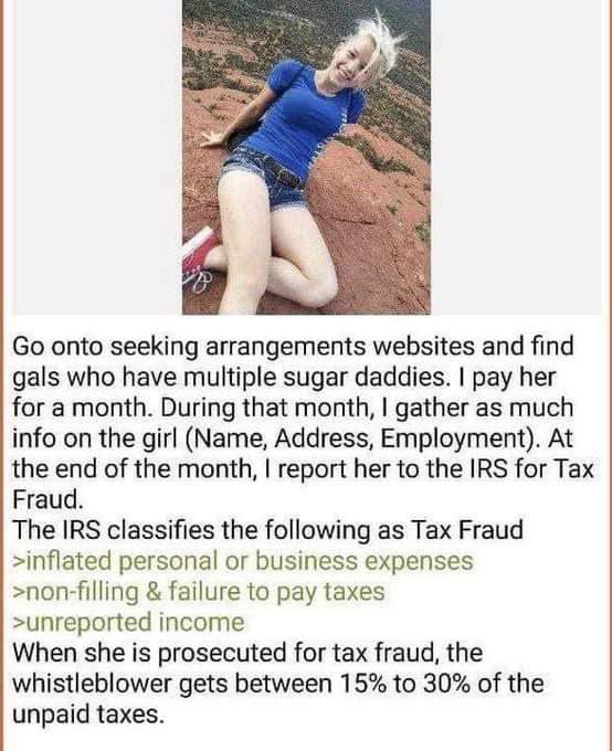onto seeking arrangements websites and find gals who have multiple sugar daddies. pay her for a month. During that month, gather as much info on the girl (Name, Address, Employment). At the end of the