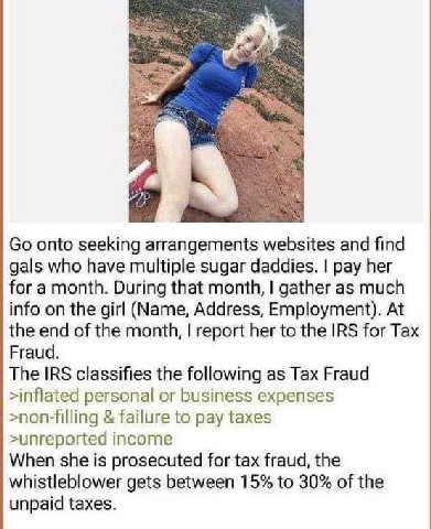 onto seeking arrangements websites and find gals who have multiple sugar daddies. pay her for a month. During that month, gather as much info on the girl (Name, Address, Employment). At the end of the