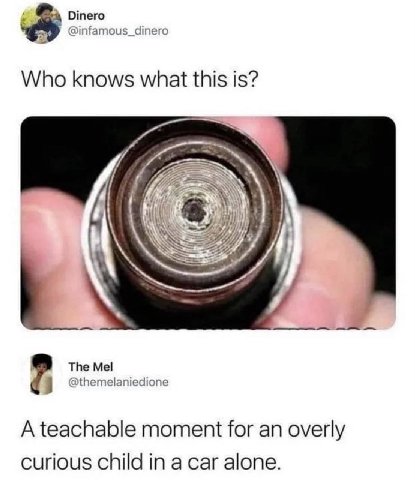 Отего @infamous_dinero Who knows what this is? The Mel @themelaniedione A teachable moment for an overly curious child in a car alone.