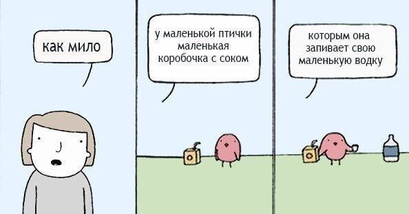 у маленькой птички которым она как мило маленькая запивает свою коробочка с соком маленькую водку