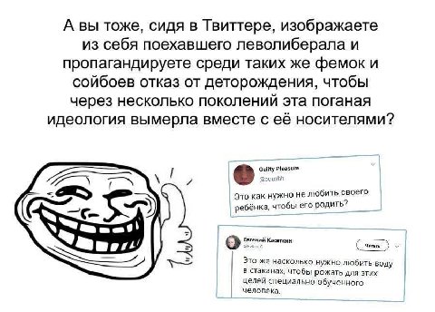 А вы тоже, сидя в Твиттере, изображаете из себя поехавшего леволиберала и пропагандируете среди таких же фемок И сойбоев отказ от деторождения, чтобы через несколько поколений эта поганая идеология вы