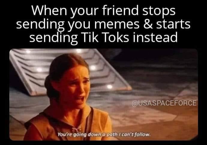 When your friend stops sending you memes starts Tik Toks instead sendin You're going down а tcan't follow.