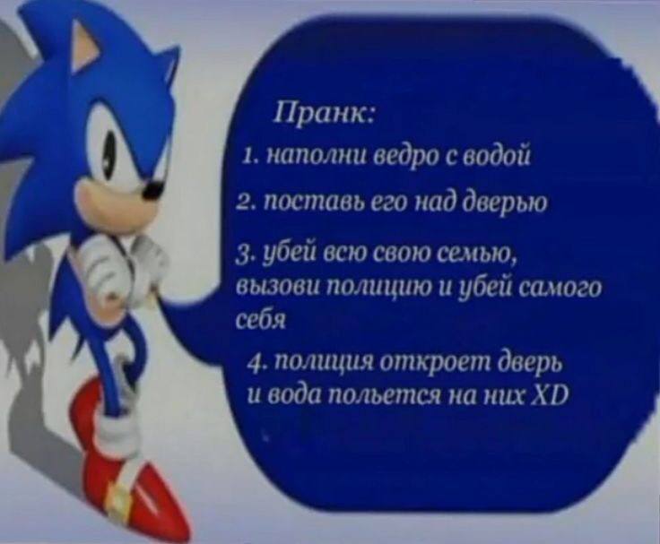Пранк: 1. наполни ведро с водой 2. поставь его над дверью 3. убей всю свою семью, вызови полицию и убей самого себя 4. полиция откроет дверь и вода польется на них